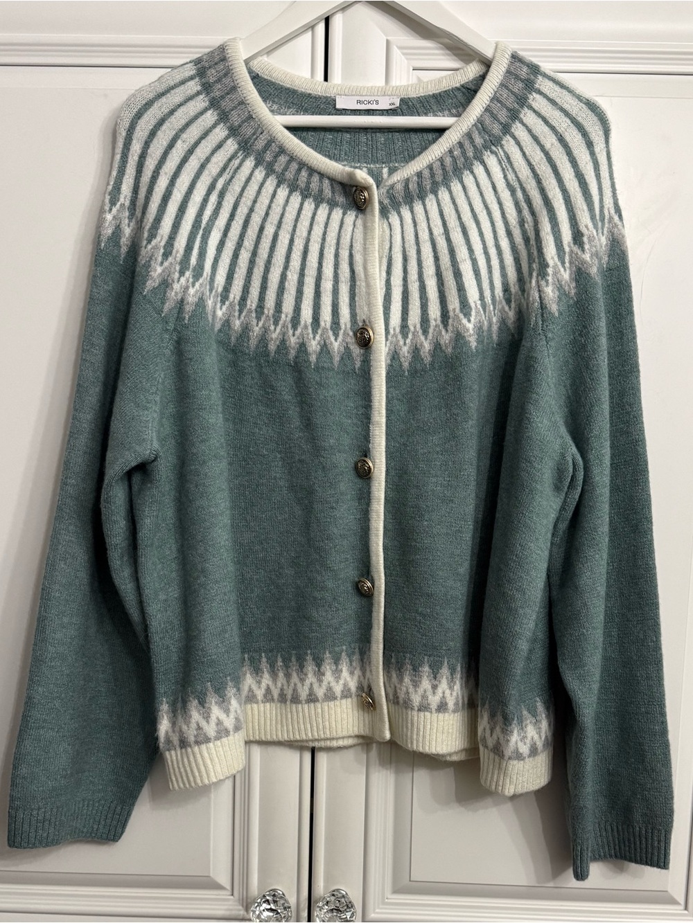 Ricki's Sage Green and Cream Fair Isle Pattern Yoke  Button Cardigan Sweater XXL